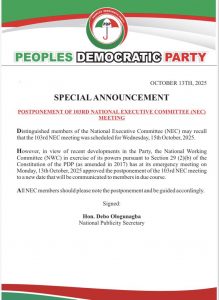 PDP postpones NEC assembly amid defections